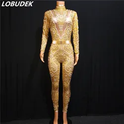 Gold Silver Rhinestones Pearls Jumpsuit Elastic Long Sleeve Leotard Lady Singer Stage Costume Birthday Party Celebration Outfits