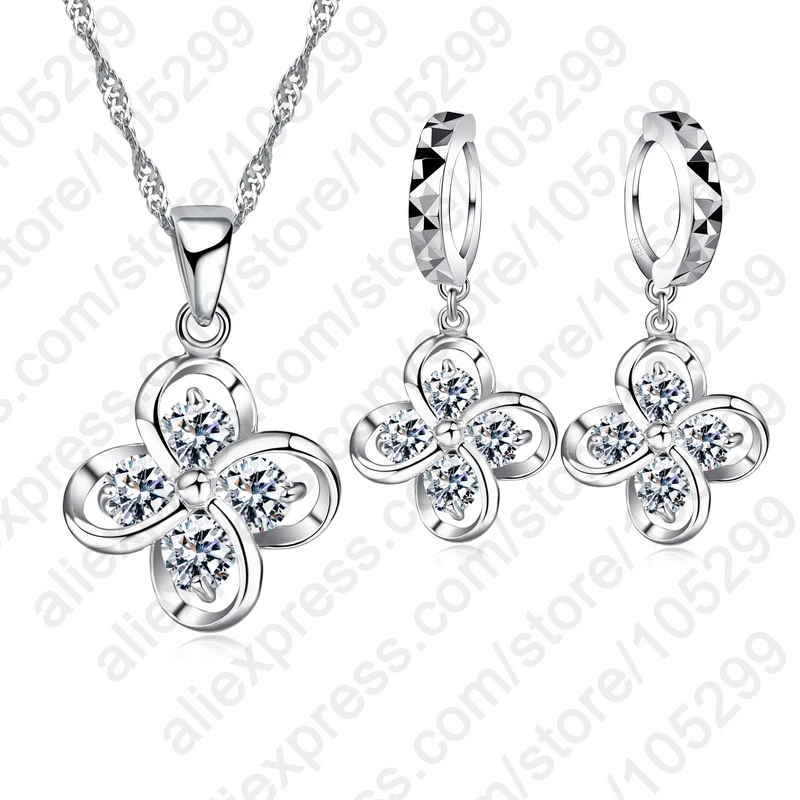 Hot Wholesale Fashion Four Leaves CZ Jewelry Set 925 Sterling Silver Pendant Necklace And Earrings Set For Women