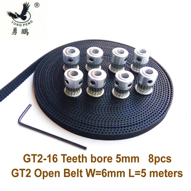 

8pcs 16 teeth GT2 Timing Pulley Bore 5mm + 5Meters GT2 timing Belt Wide 6mm 2GT belt for RepRap Prusa Mendel 3D freeshipping