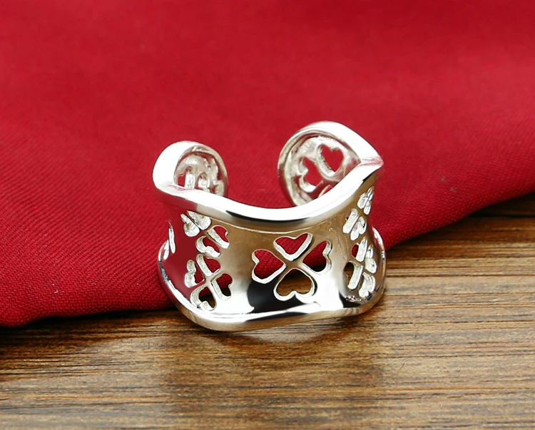 New fashion retro hollow pattern ring. Solid 925 sterling silver 13mm wide face female adjustable size. Clover silver jewelry image 2