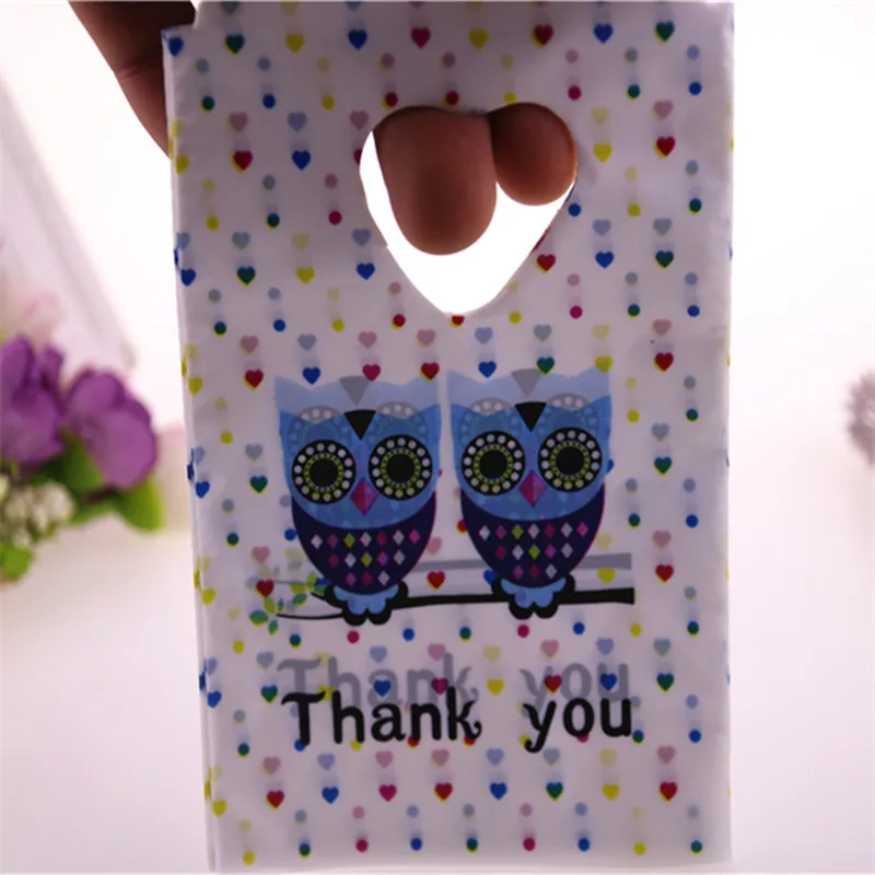 Fashion 50pcs/lot 9*15cm Small Plastic Jewelry Accessories Packaging Bags With Owl Thank You Mini Gift Bags