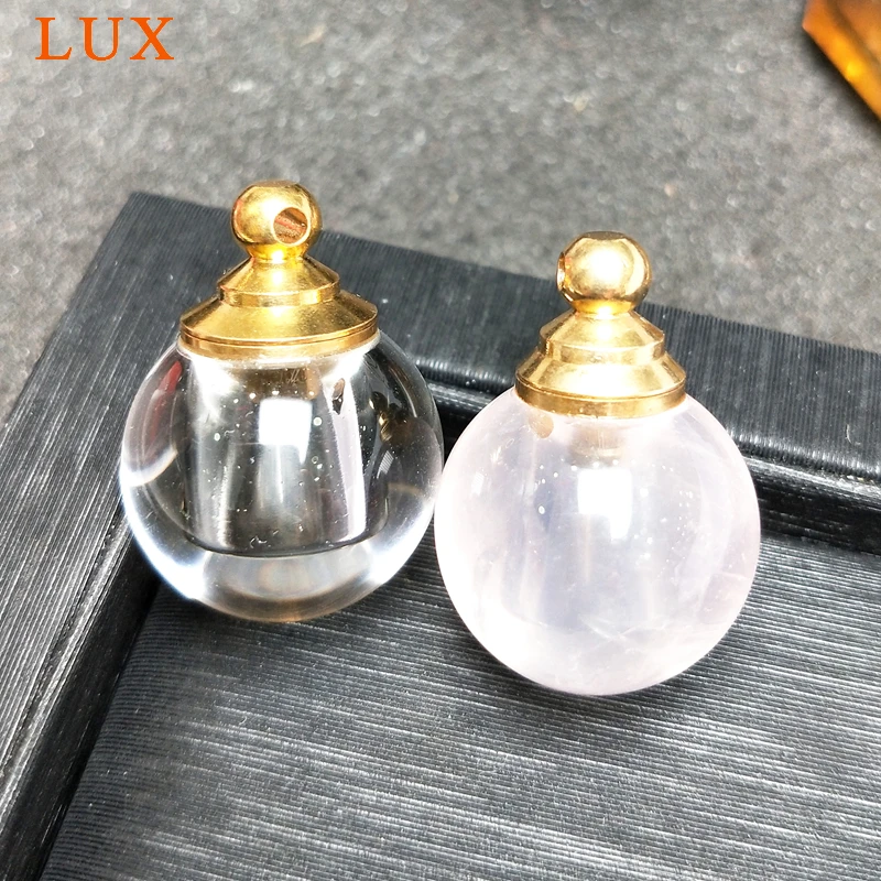 Genuine Clear Quartz/Rose Quartz Perfume Bottle, Natural Crystal Ball Essential Oil Diffuser Charm for Necklace