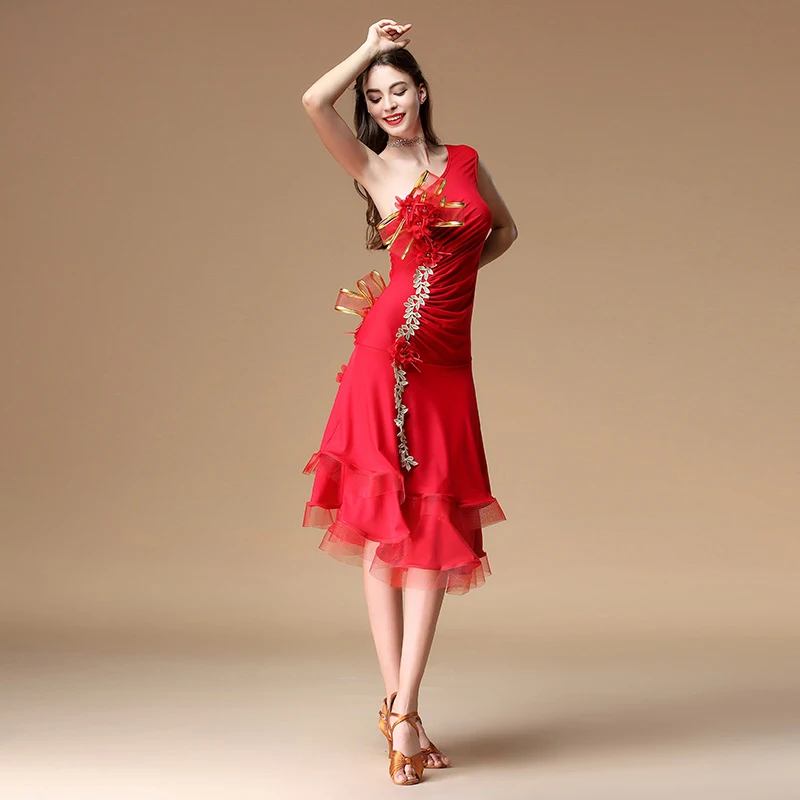 2018 Women Dance Clothes Flower Costume Off Shoulder Dresses Salsa Ballroom Dance Latin Long Dress Elegant