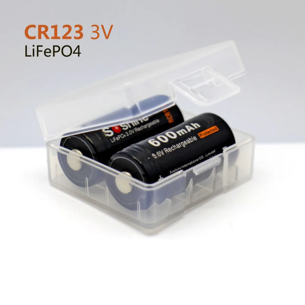 2Pcs Soshine 16340 RCR123 LiFePO4 Battery 3V 600mAh Rechargeable Protected Batteries With Battery Box