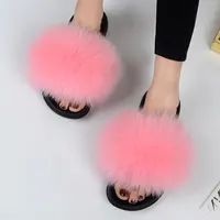 Women Summer Casual Fluffy Slippers With Fur Flat Non-Slip Real Fox Fur Furry Slides Large Size Shoes Fur Sandals - Image 2