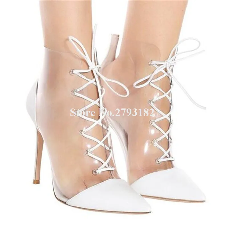 

New Arrival Women Fashion Pointed Toe PVC Stiletto Heel Short Boots Lace-up White Black Red Transparent High Heel Ankle Booties