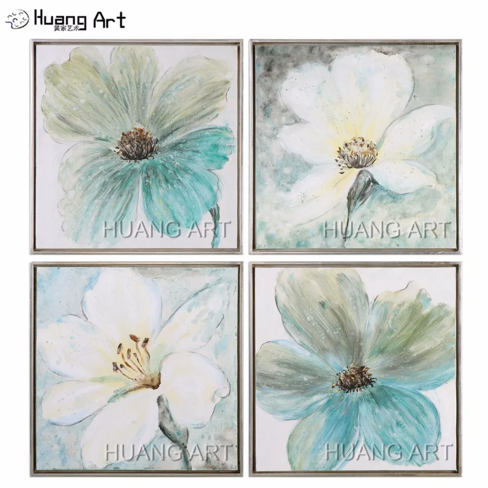 Skill Painter Pure Hand-painted Light Blue Flower Oil Painting for Living Room Decor Modern Beautiful Flower Oil Painting