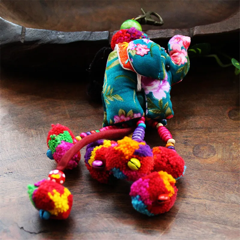 New Thailand Style Hang Decorations Floral Cloth Elephant Key Chain Colorful Woolen Balls Wood Beaded Pendant Minority Jewelry