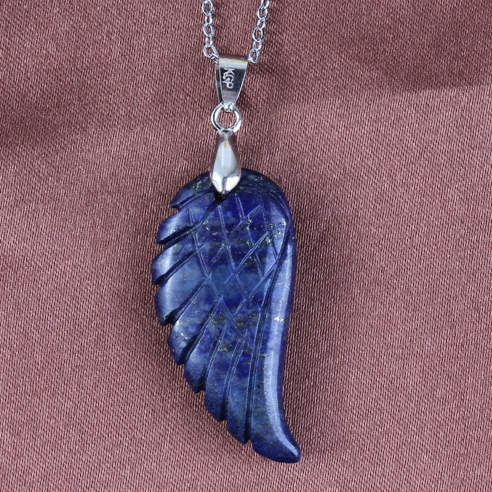 KFT Silver Plated Vintage Natural Lapis Lazuli Stone Freedom Angel Wing Pendant 35mm Fashion Women Men  Jewelry