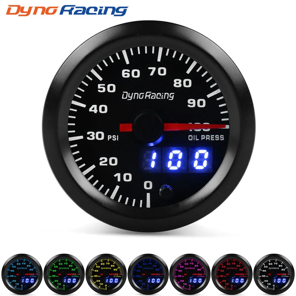 Dynoracing Dual Display 52MM 7 Colors Oil pressure gauge 0-100PSI Oil press gauge with stepper motor