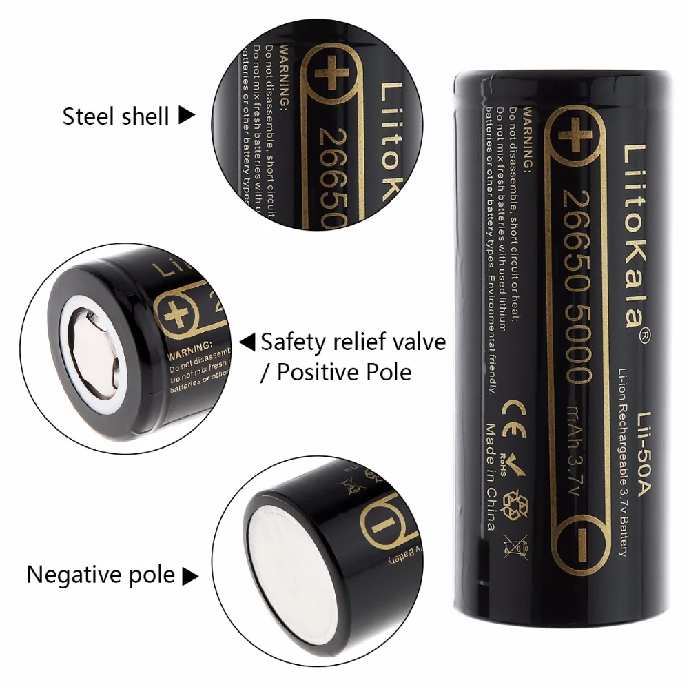 LiitoKala Lii-100 شاحن بطارية هونغ كونغ LiitoKala Lii-50A 26650 5000mah بطارية قابلة للشحن لمصباح يدوي ، 40-50A التفريغ