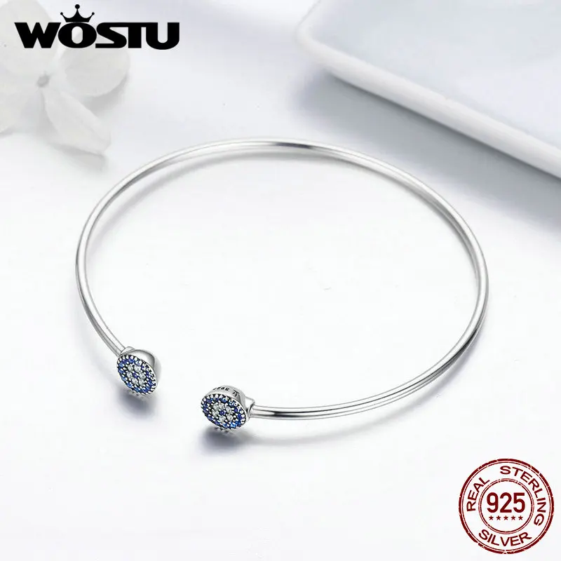 WOSTU Genuine 925 Sterling Silver Lucky Blue Eyes Blue CZ Open Cuff Bangle & Bracelet For Women Luxury Silver Jewelry CQB058