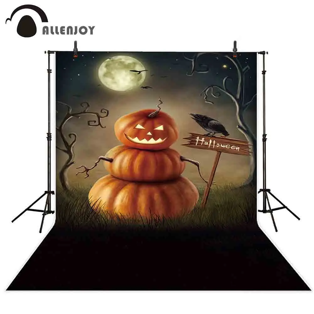 Allenjoy professional photography background full moon pumpkin ghost withered tree wooden sign crow Halloween backdrop photocall