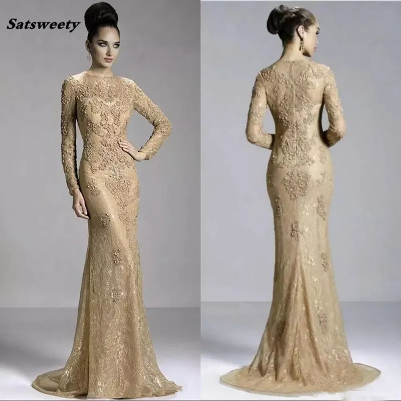 

2024 Champagne Mother of the Bride Groom Dresses Crew Neck Lace Long Sleeve Illusion Appliques Beads Mermaid Prom Gowns