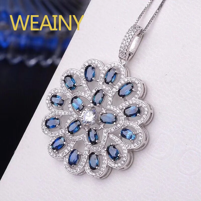 WEAINY Natural Blue Sapphire Pendant Necklace 925 Sterling silver Woman Fine Elegant Gem Jewelry Woman Gift