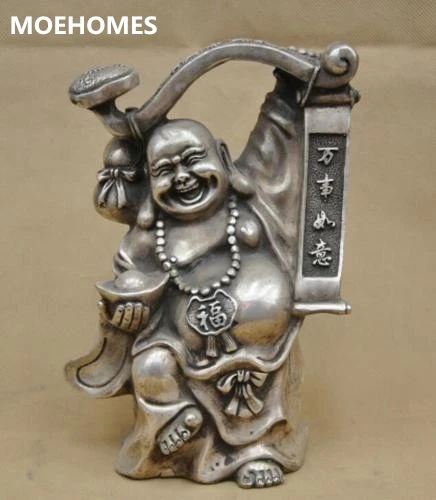 

christmas China Folk Happy Laughing Buddha Monk Hold Ruyi Yuanbao Silver Bronze Statue halloween Home decoration metal crafts