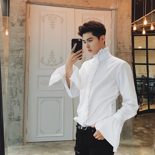 Free Shipping White/black Stand Ruffled Collar Flare Sleeve Prince Stage Mens  Tuxedo Shirts Party/event Shirts/asia Size - Shirts - AliExpress