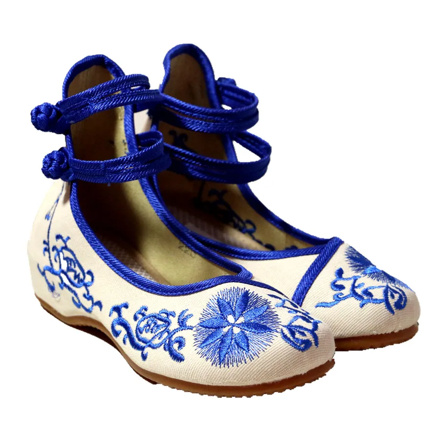 Chinese Ethnic Style Floral Totem Embroidered Height Increase Wedges Shoe Trendy Mary Jane Round Toe Vintage Casual Pumps Shoe