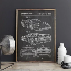 For Ferrari F40 Car Artwork Patent Prints Auto Wall Art Transportation Poster Room Decor Blueprint Canvas Painting Picture Gift