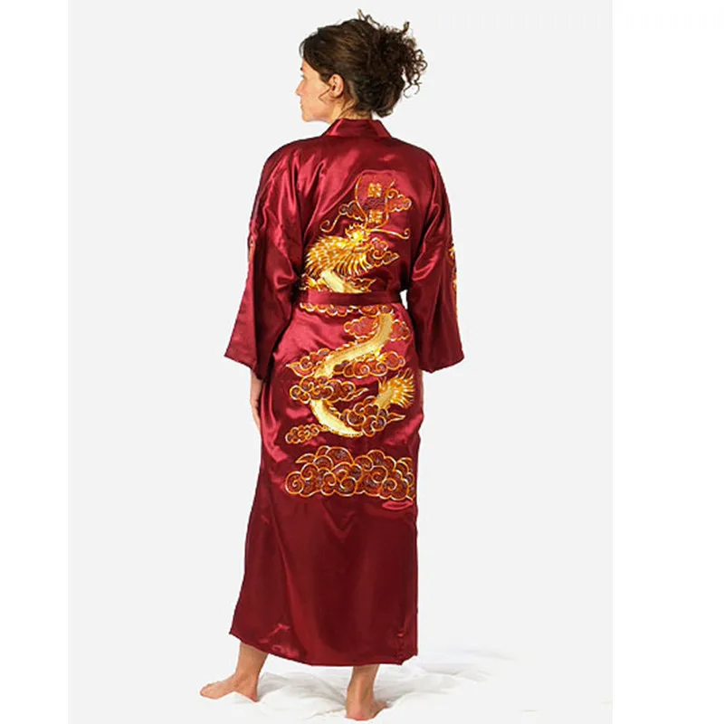 Black Chinese Men\'s Satin Silk Embroidery Robe Kimono Bath Gown Dragon Size S M L XL XXL XXXL S0011