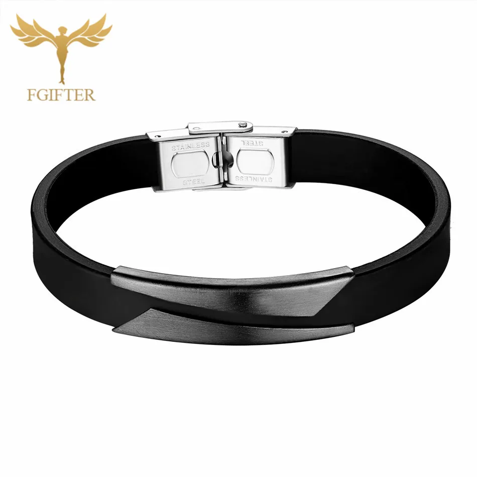 Black Rubber Silicone Bracelets Minimalist Women Hand Jewelry Wristband Men Stainless Steel Cuff Bangle 17cm 19cm 21cm Length