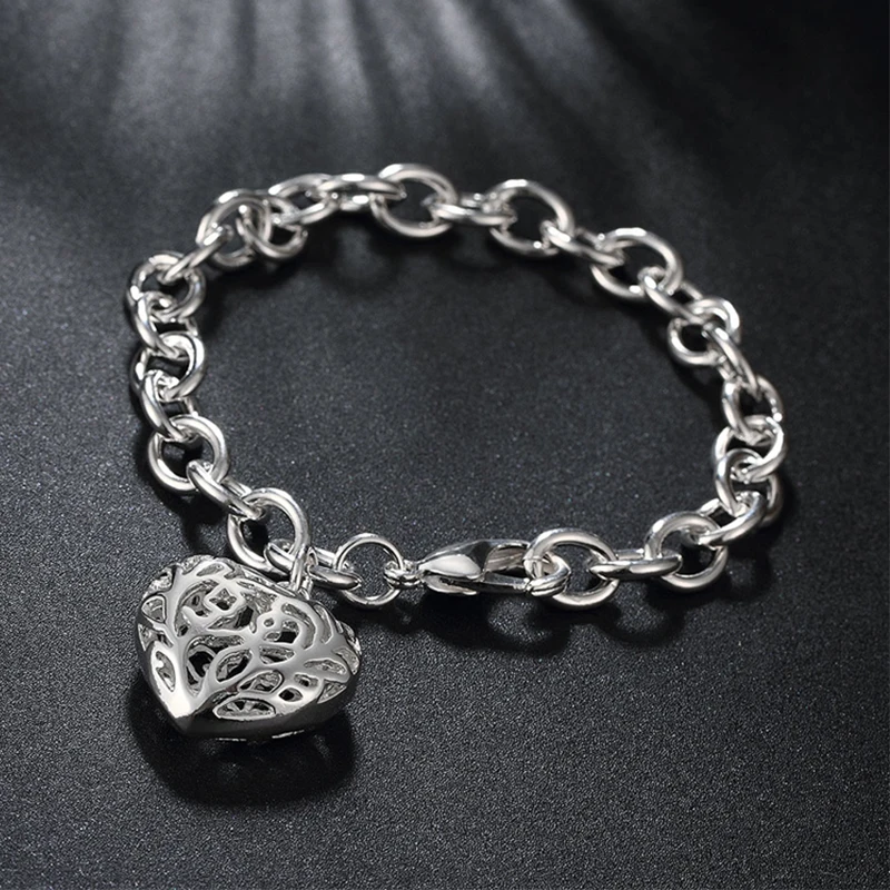 Charm Heart Bracelets For Women 925 Silver Heart Pendants Bangle Female