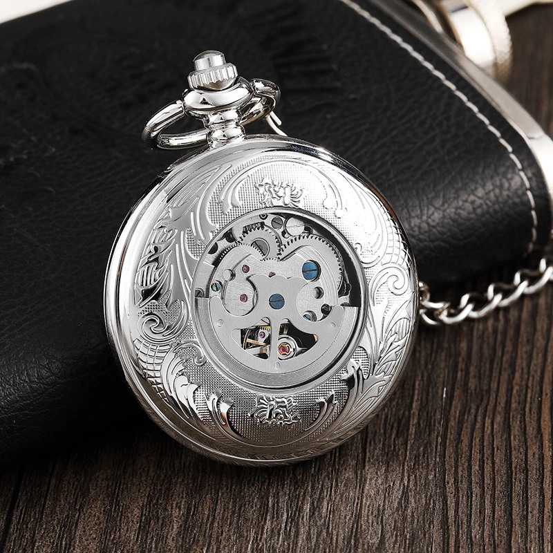 Elegant Mens Mechanical Pocket Watch Retro Ladies Silver Caved Flip Case Fob Chain Watch Hollow Skeleton Steampunk Clock for Men