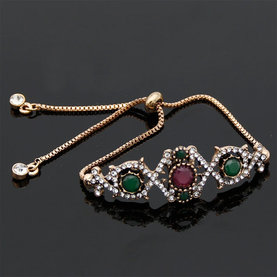 Vintage Women Slide Chain Bracelet Turkish Crystal Bracelet Antique Gold Color Hollow Geometric Type Bridal Wedding Jewelry Gift