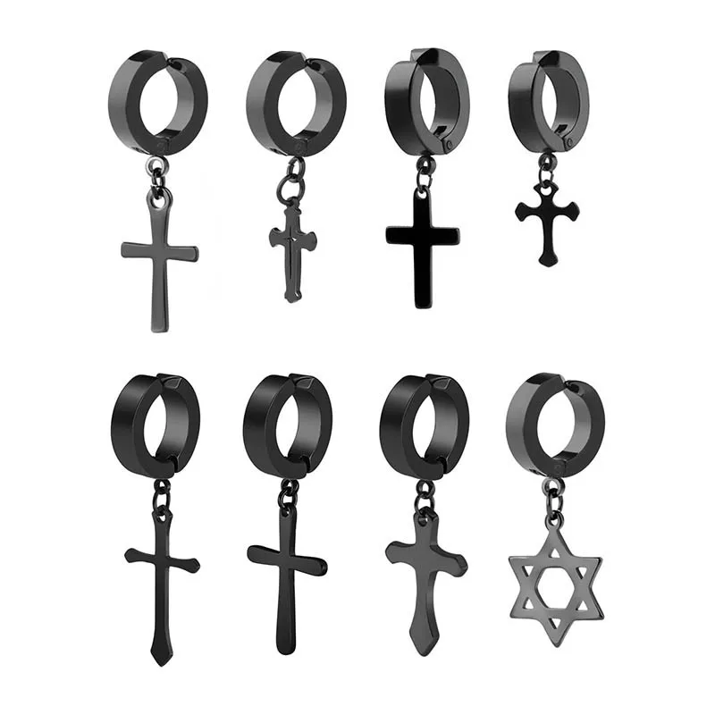 2pcs Punk Stainless Steel Cross Stars Pendant Ear Clip No Piercing Earrings For Women Hiphop Fashion No ear hole Men Jewelry