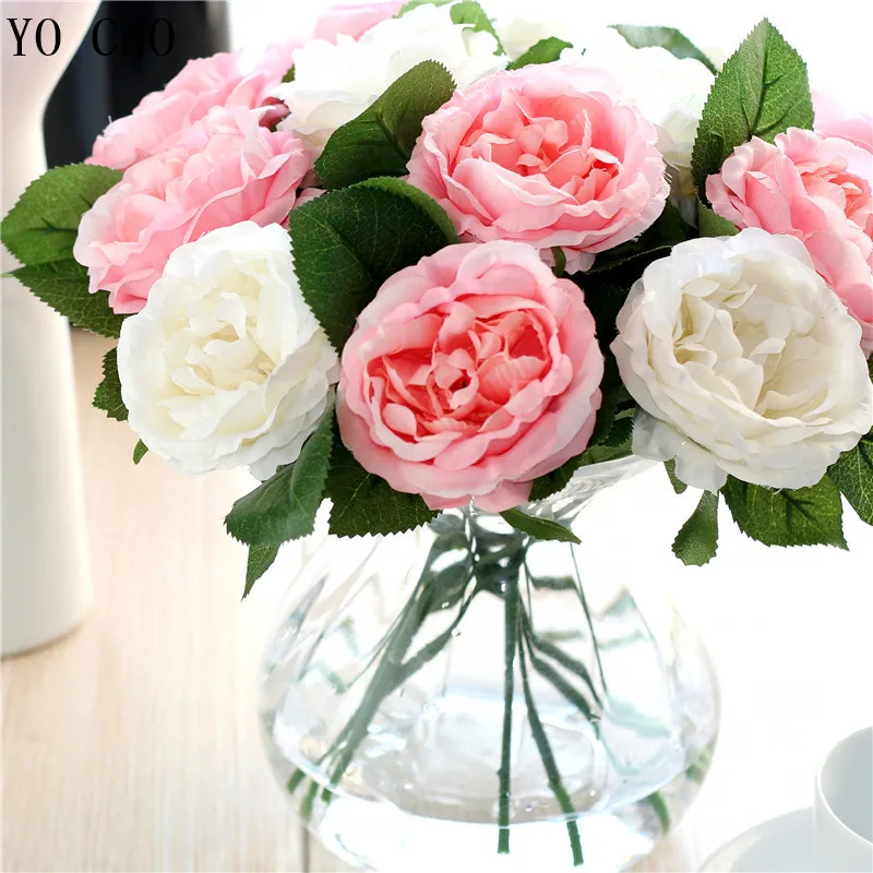 YO CHO Bruiloft Middelpunt Kunstmatige Bloemen Witte Pioen Tak Handgemaakte DIY Bruidsboeket Wedding Decor Roze Rose Accessoires