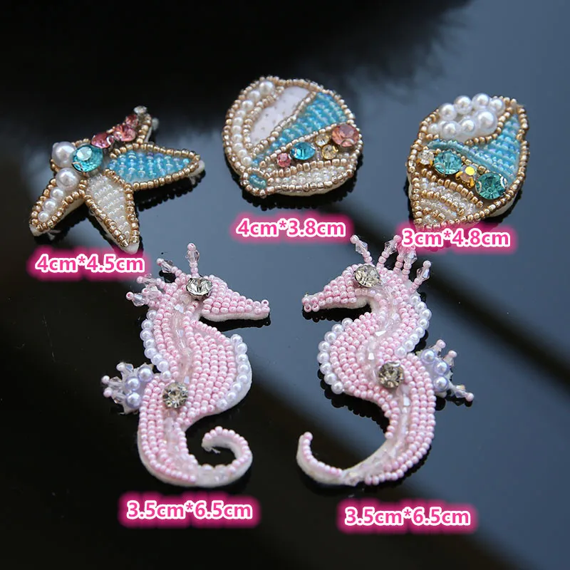 1 PCS Handmade Beads seahorse shell patch applique sew on beading applique clothes shoes bags decoration patch DIY