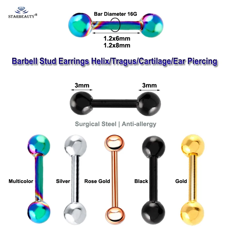 2pcs/lot Cute Black Barbell Ear Piercing Tragus Cartilage Earrings Studs Helix Piercing Daith Piercing Orelha Cartilagem Jewelry