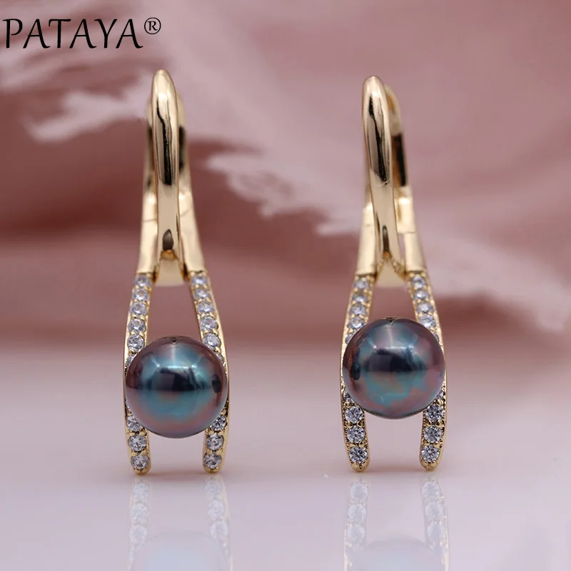 PATAYA New Fine Turkish Blue Shell Pearls Drop Earrings 585 Rose Gold Color Fashion Jewelry White Round Natural Zircon Earrings