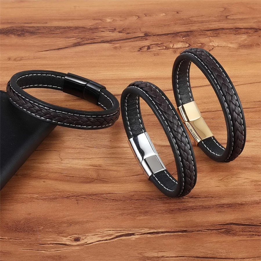 XQNI Cross Design Charm Leather Bracelet for Men Black/blue Braid Rope Chain Stainless Steel Magnetic Clasp Male Bangle Gifts