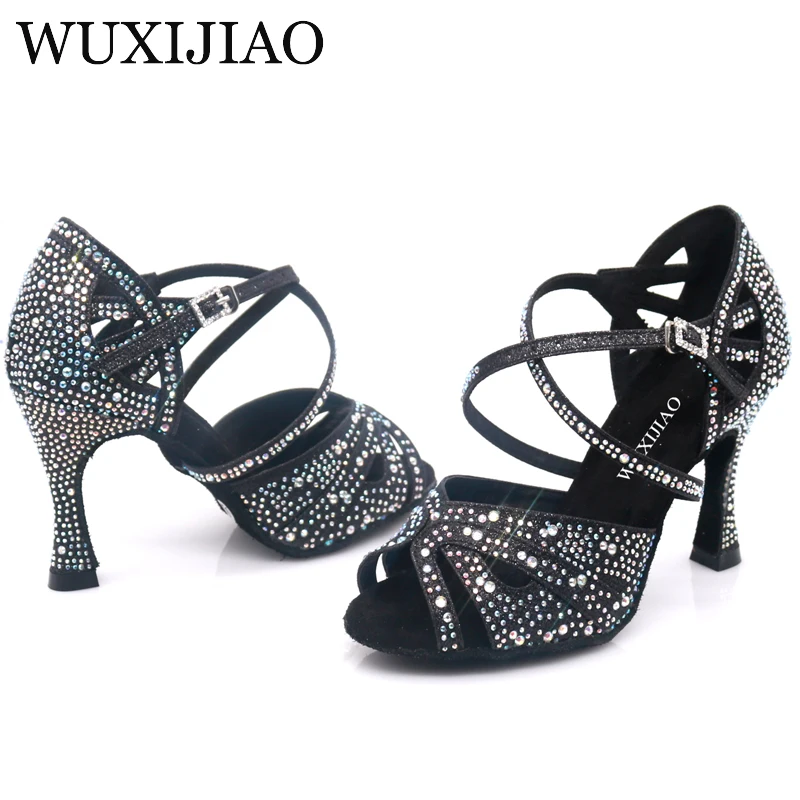 WUXIJIAO hot Black and white flash cloth Women\'s Latin dance shoes Ballroom dance shoes Party Square dance shoes soft heel 7.5cm