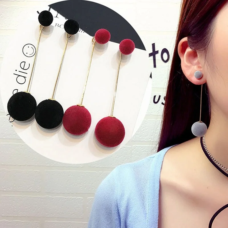 Cute Double Faux Fur Ball Dangle Drop Earrings for Women Red Black Long Oorbellen Pom Pom Pendant Earing Fashion Jewelry Gift