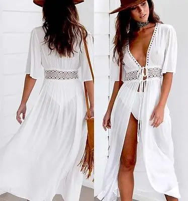 

White Women Long Bikini Cover-Ups Beach Dresses Holiday Lace Hollow Out Summer Beach Dress Split Monokini Bathing Suit Swimwear