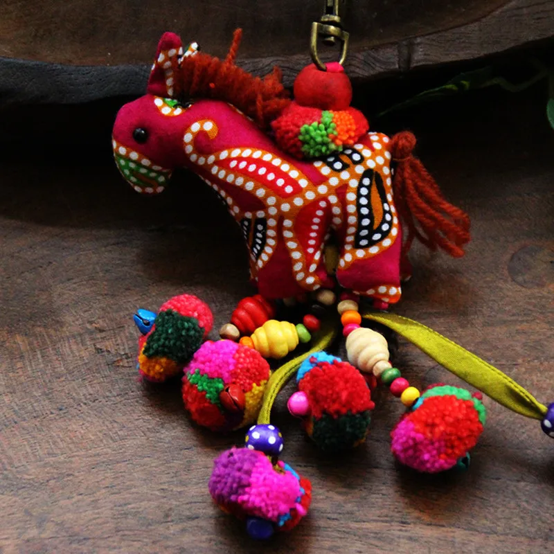 Glamorous Thailand Horse Crafts Southeast Asia My Pony Rainbow Pompom Keychain Charm Bag Pendant ethnic Wool Balls Hanging Decor