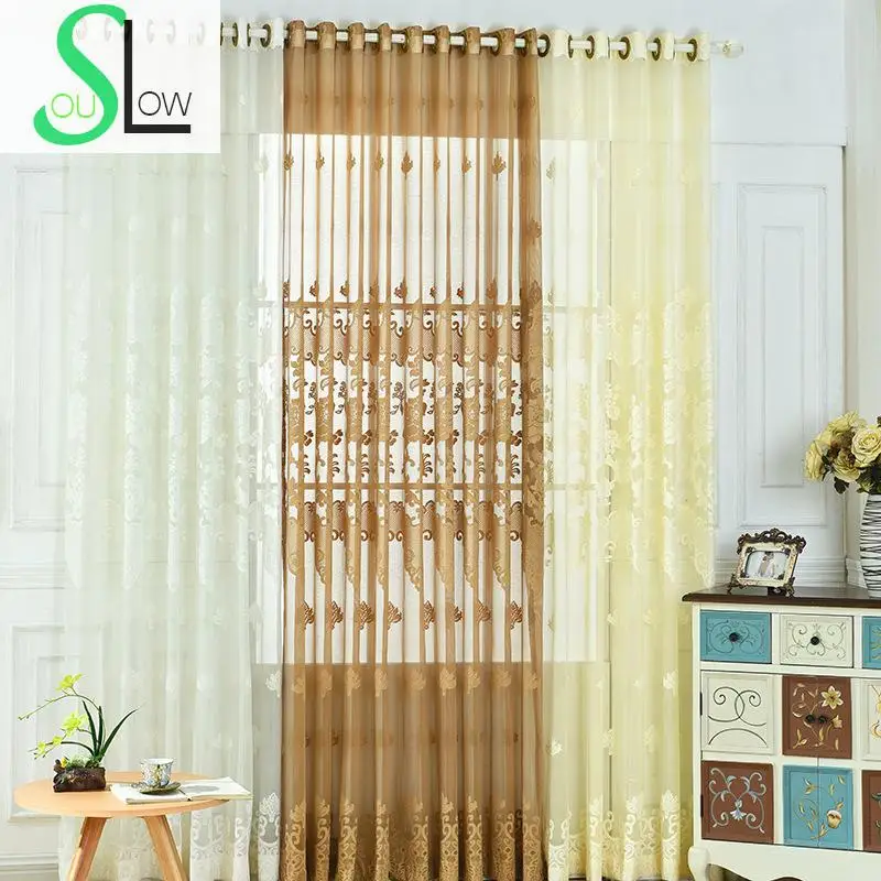 Slow Soul White Beige Coffee Jacquard Curtain Peony Floral Curtains Tulle For Living Room Kitchen Sheer Bedroom European Style