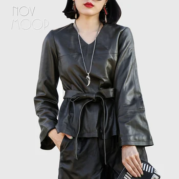 Siyah kırmızı hakiki deri kuzu derisi ceket flare kollu dış giyim kemer ile veste en cuir jaqueta de couro chaqueta mujer LT2046