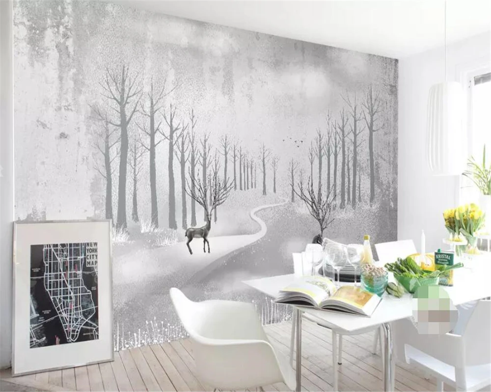 

Beibehang wallpaper for walls 3 d Hand painted black and white woods elk TV background wall wallpaper for living room wallpaper