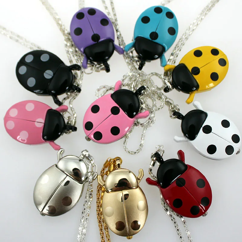 

10pcs/Lot Mixed Color Ladybug Beetle Necklace Pendant Pocket Quartz Watch Chain Battery Included Gift GL2M Children Kids Watches