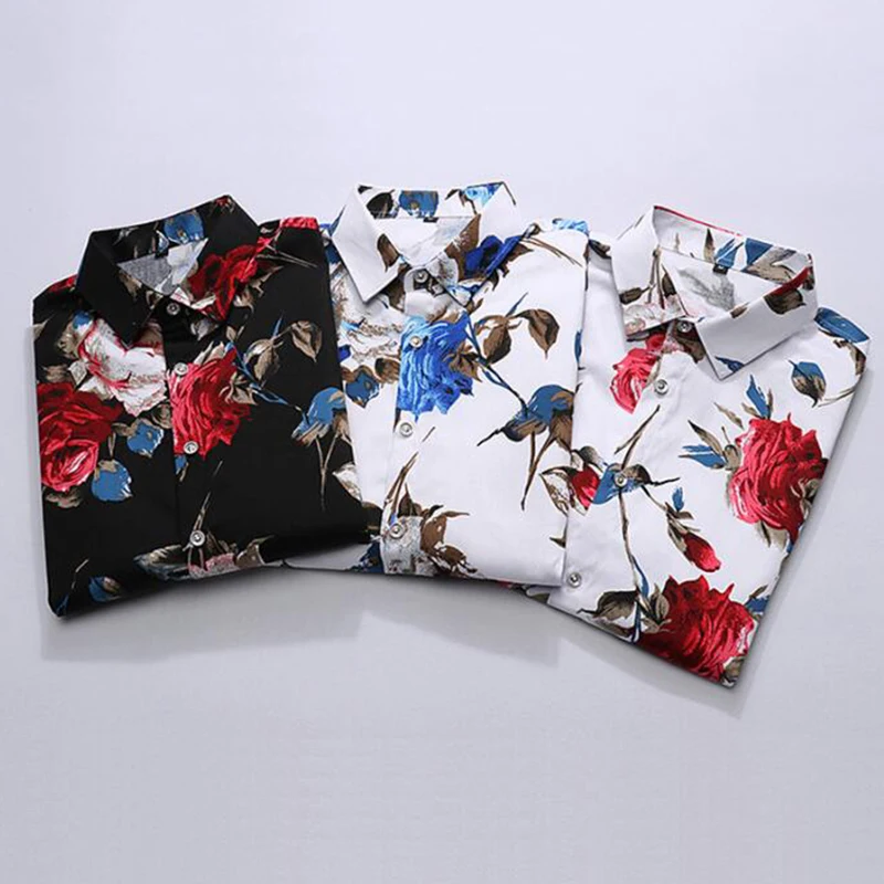 M-7XL New Summer Fashion Mens Shirt Slim Fit Short Sleeve Floral Shirt Mens Clothing Cotton Plus Size Mens Casual Flower Shirts