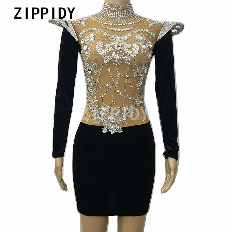 

Sparkly Silver Rhinestones Dress Black velvet Big Stones Female Singer Outfit Nightclub Birthday Party Stage Show Sexy Dresses