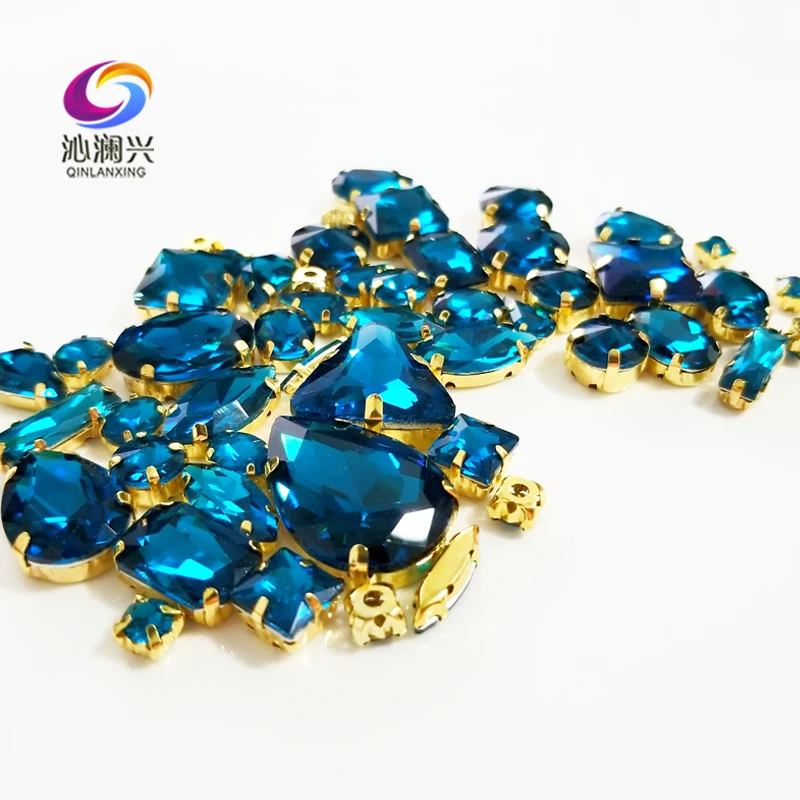 Mix 58Pcs Top Crystal Glass Rhinestones, Golden Bottom Peacock Blue Sewing Stones For Needlework, DIY Odzież Akcesoria