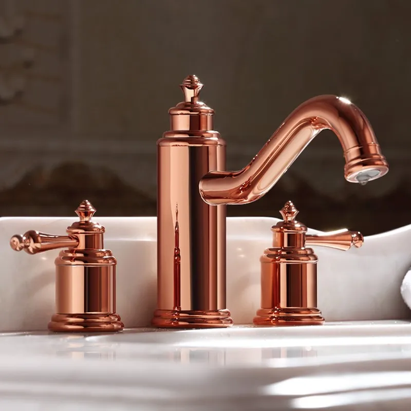 Best Luxury Rose gold brass Double handle three holes Widespread Bathroom Sink Faucet high quality Basin Vanity Mixer Tap