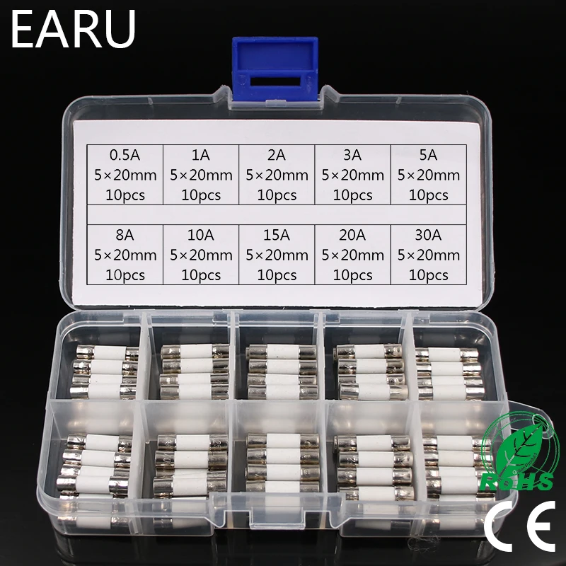 100pcs Ceramic Fuse 5mm x 20mm Slow Blow T 0.5A 1A 2A 3A 4A 5A 6A 8A 10A 13A 15A 20A 30A 250V Circuit Breaker Car Cigar O