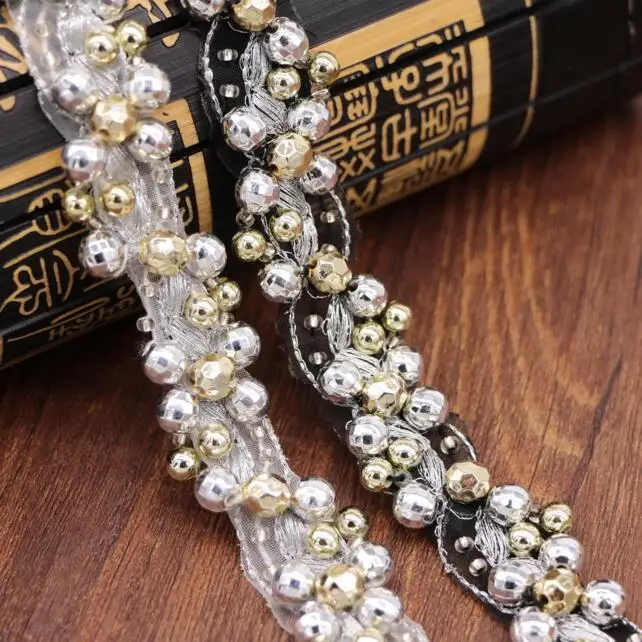 

12 ярдов 2 см Золотой Серебряный вышитый бисером кружевной отделкой Ткань DIY Ручная работа бисер Ленты Свадебное Платье Одежда Швейные украшения Аксессуары