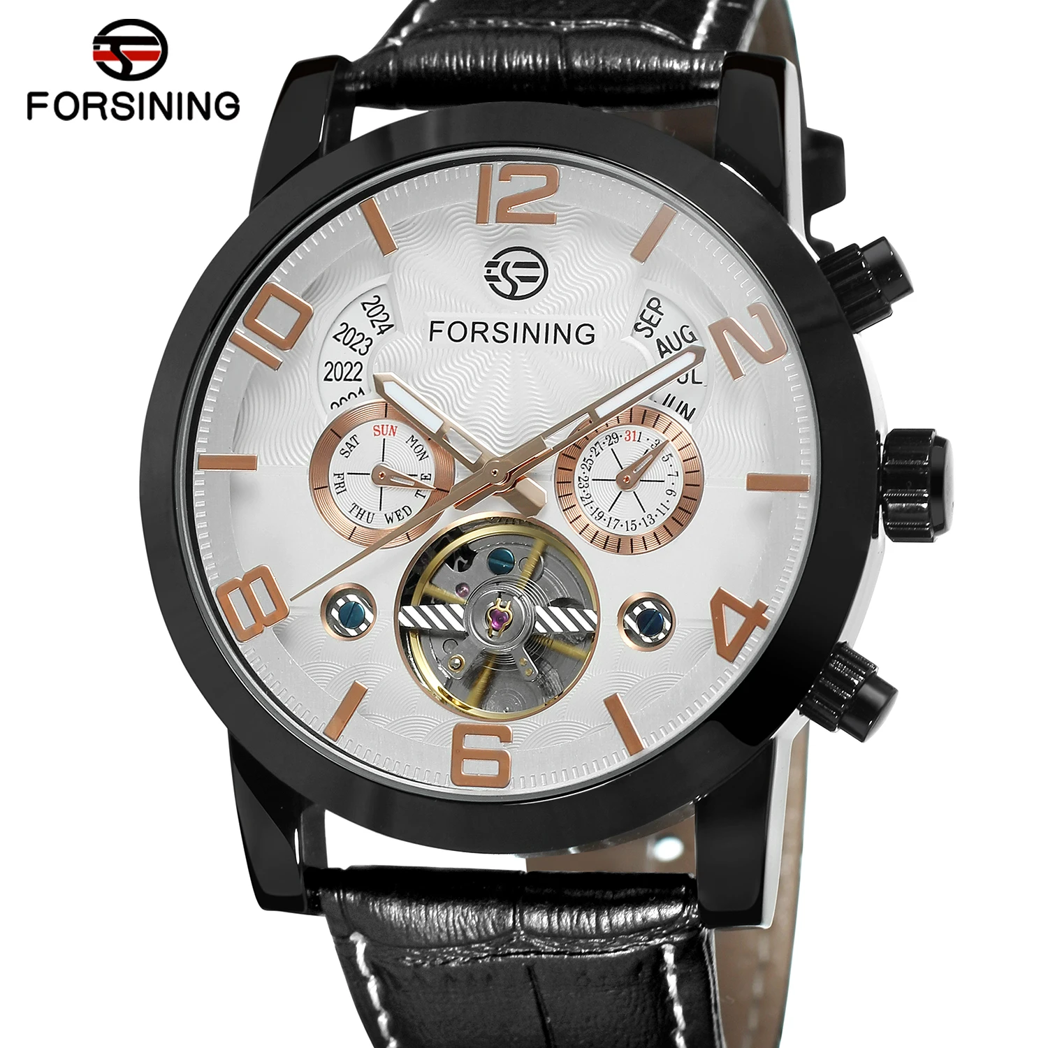 Forsining Golden Bezel Tourbillion Year Month Display Genuine Leather Men Watches Top Brand Luxury Self Winding Automatic Watch