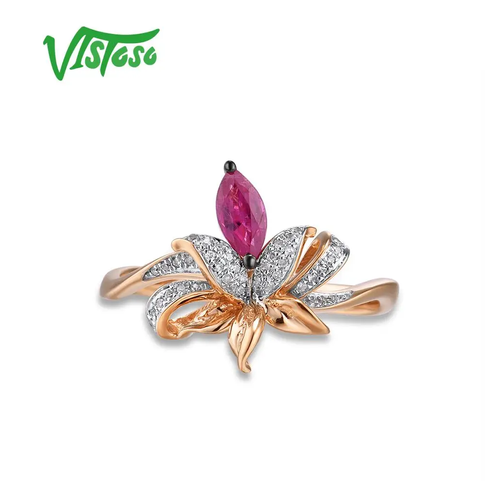 VISTOSO Genuine 14K585 Rose Gold Fancy Ruby Shiny Diamond Ring For Lady Wedding Engagement Anniverary Trendy Luxury Fine Jewelry